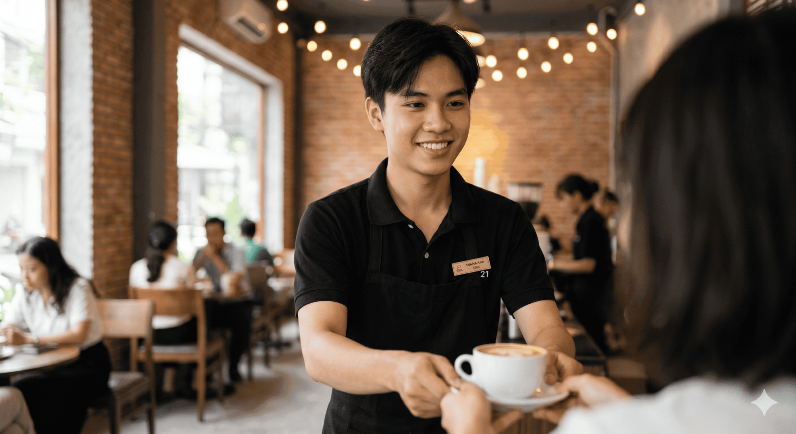 Nam sinh viên Việt Nam thân thiện làm việc tại quán cafe, phục vụ khách hàng với nụ cười.