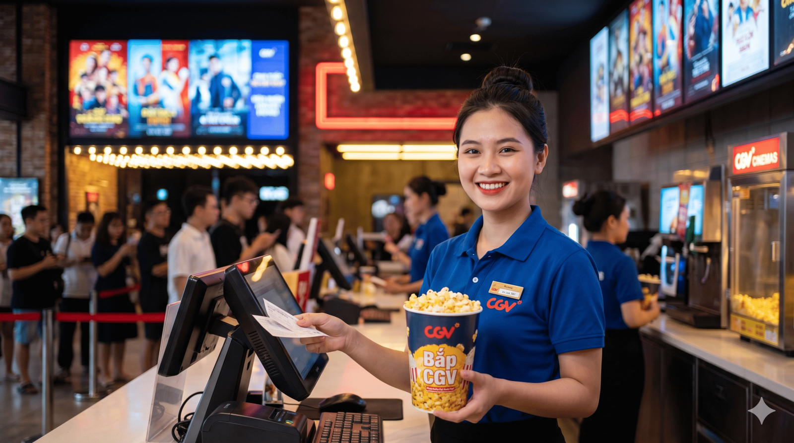 Nhân viên CGV tuyển dụng part time tươi cười phục vụ khách hàng tại quầy bắp nước