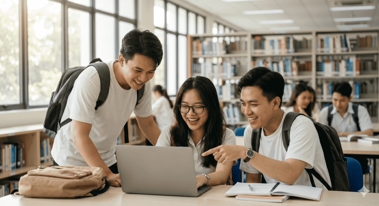 Một nhóm sinh viên Việt Nam đang cùng nhau xem thông tin tuyển dụng việc làm thêm trên laptop trong thư viện.