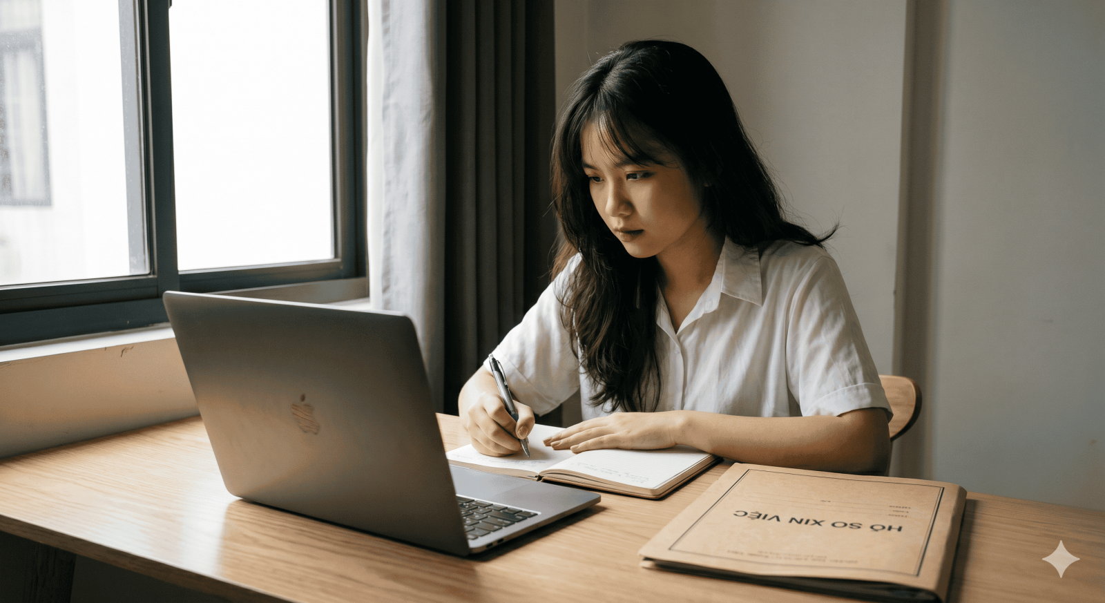 Nữ sinh viên Việt Nam tập trung làm việc tại nhà, viết nội dung cho công việc làm thêm từ xa trên laptop.